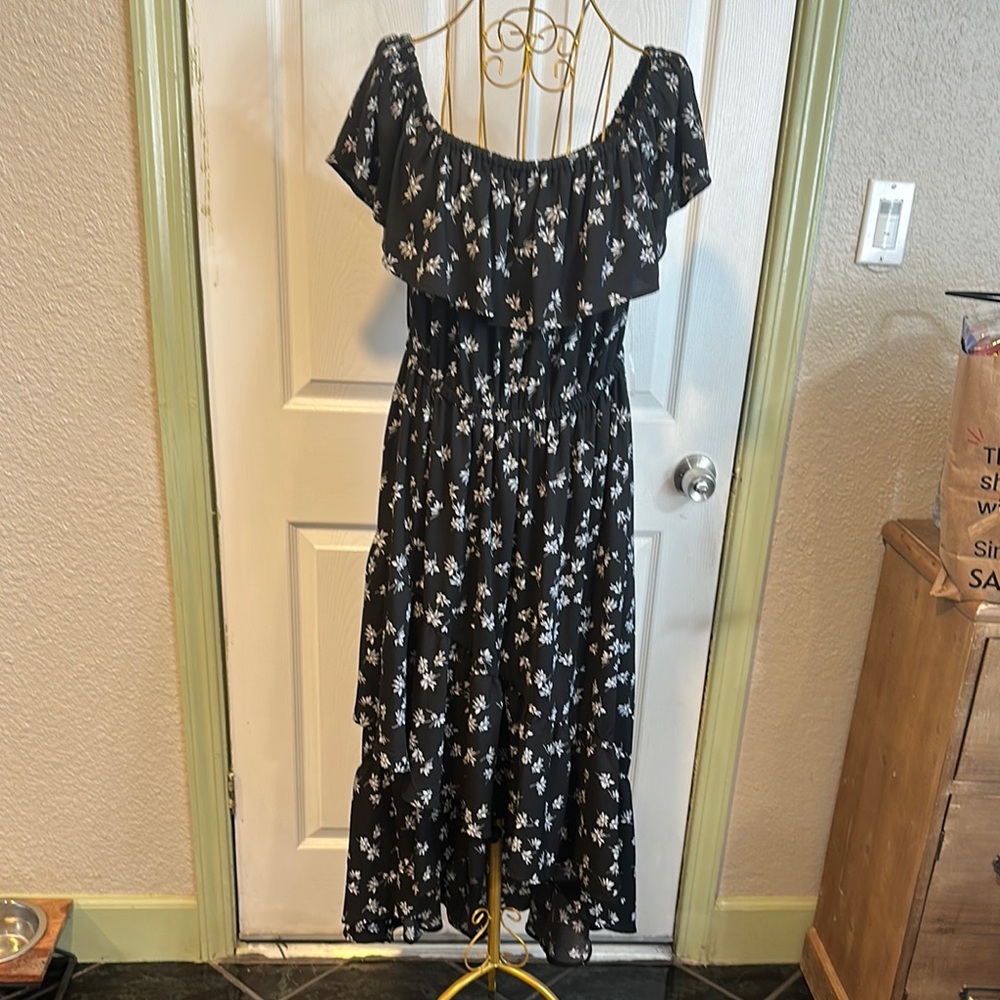 Lane Bryant Black White floral Ruffled Tiered high low off the shoulder Sundress